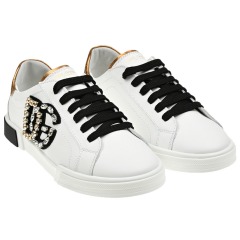 Кеды с эластичными шнурками и логотипом с камнями, белые Dolce&Gabbana